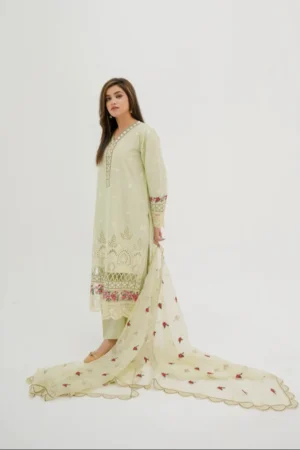 Hania Pistachio Embroidered Cotton Suit with Organza Dupatta