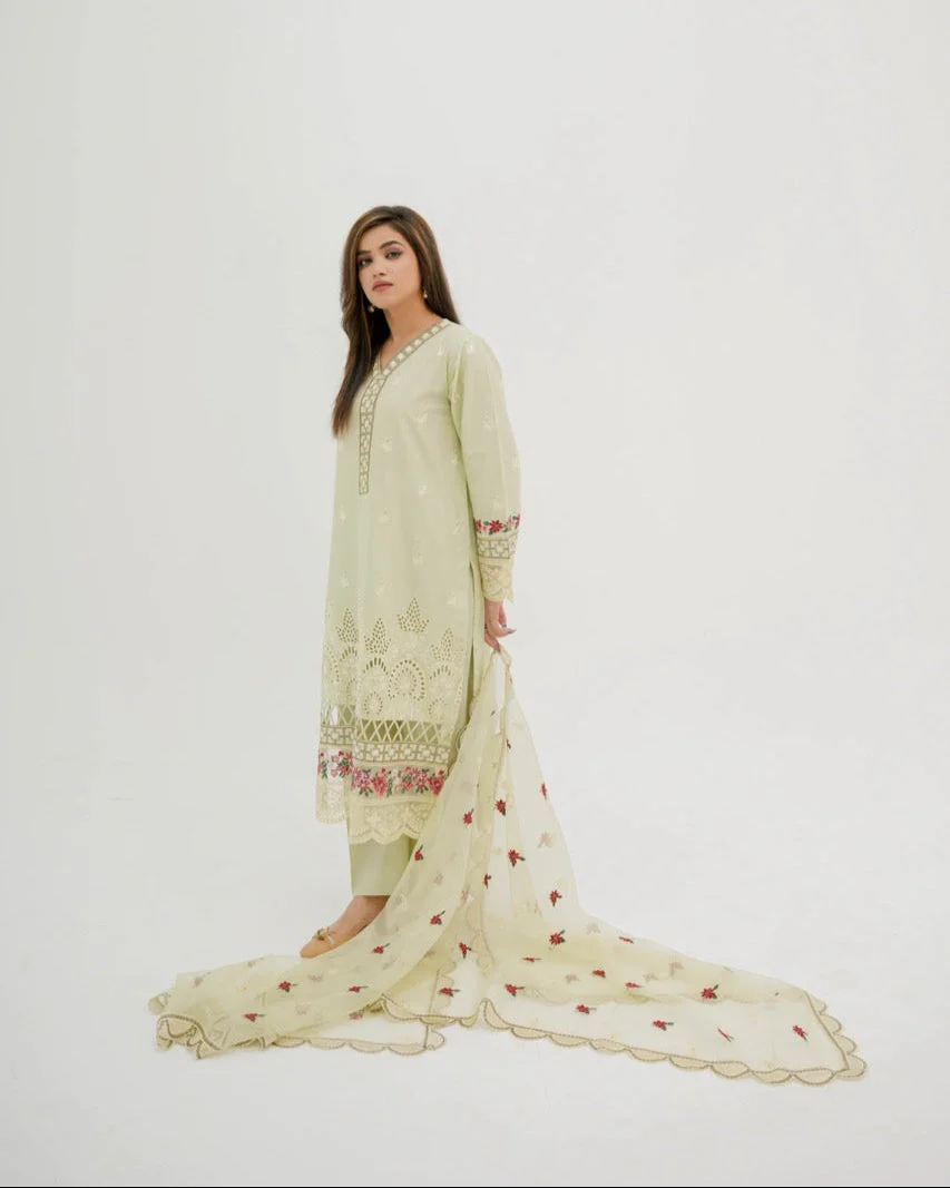 Hania Pistachio Embroidered Cotton Suit with Organza Dupatta