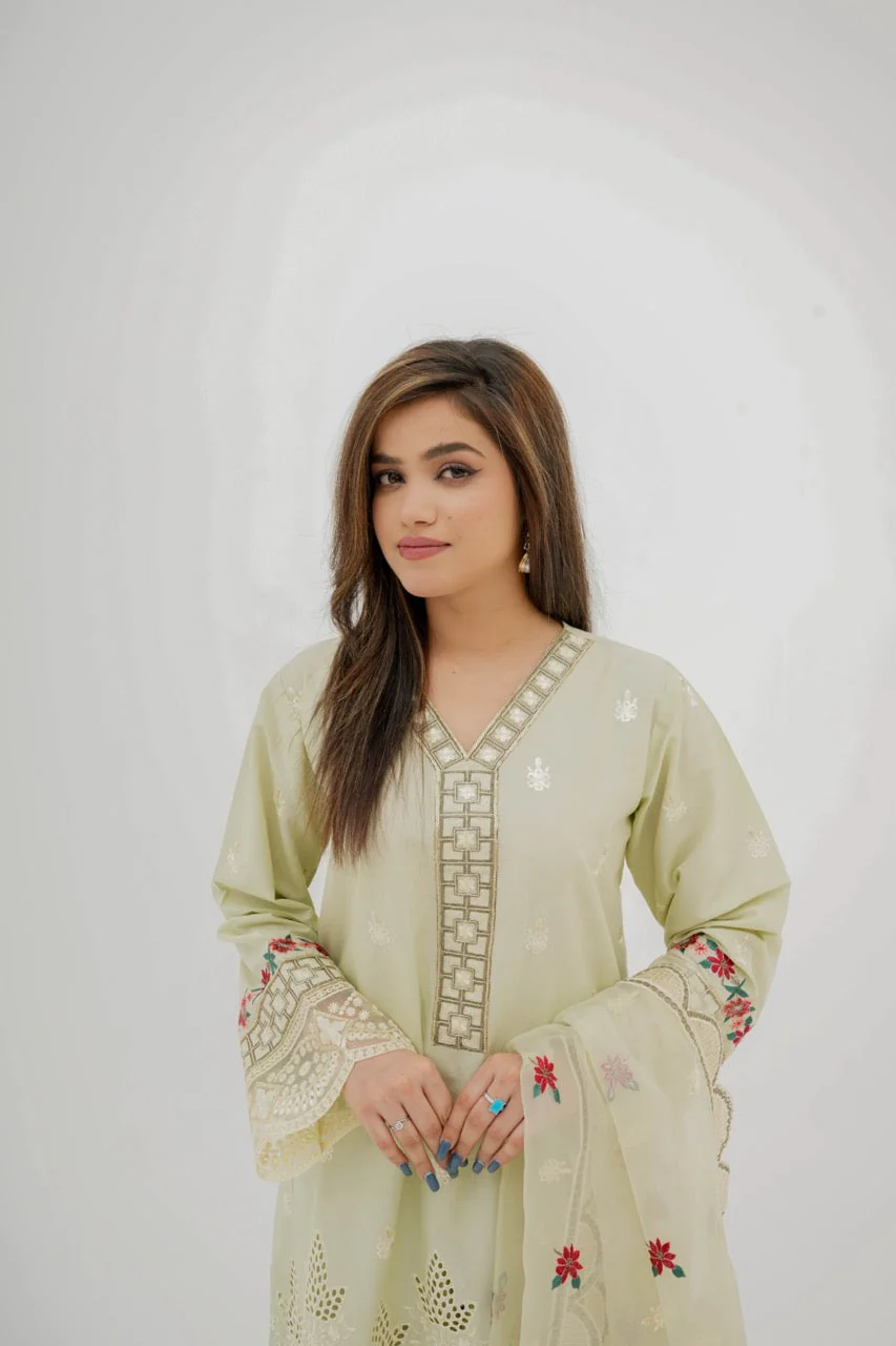 Hania Pistachio Embroidered Cotton Suit with Organza Dupatta - Image 7