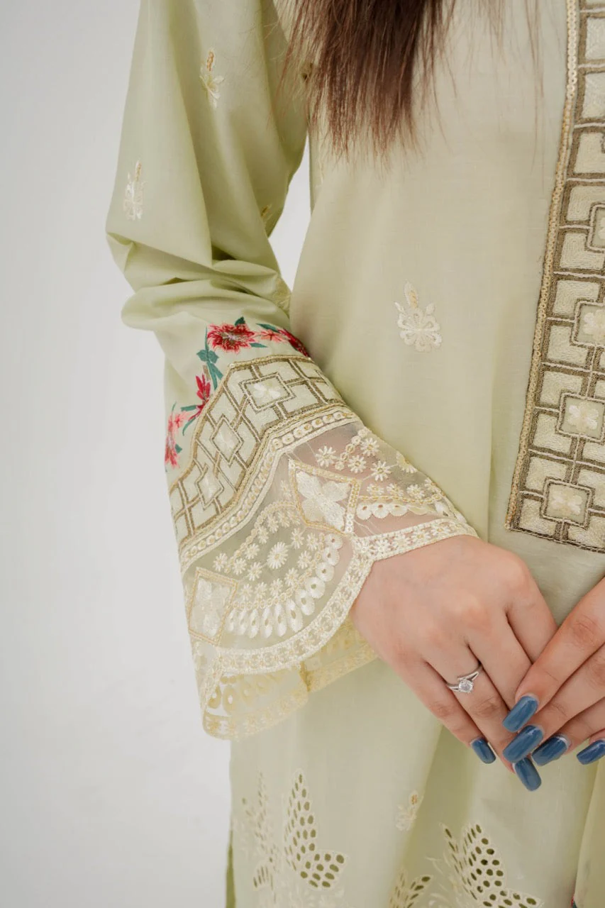 Hania Pistachio Embroidered Cotton Suit with Organza Dupatta - Image 6