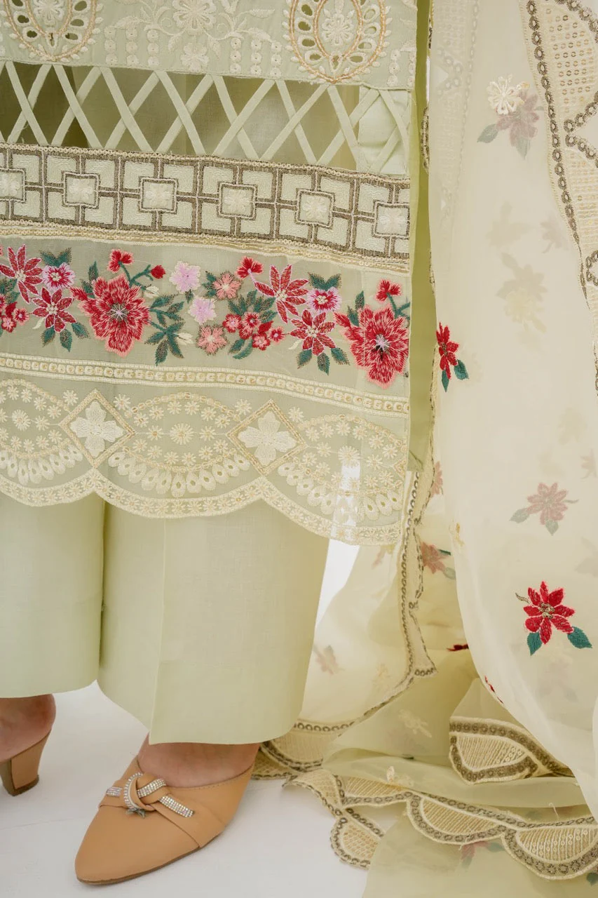 Hania Pistachio Embroidered Cotton Suit with Organza Dupatta - Image 5