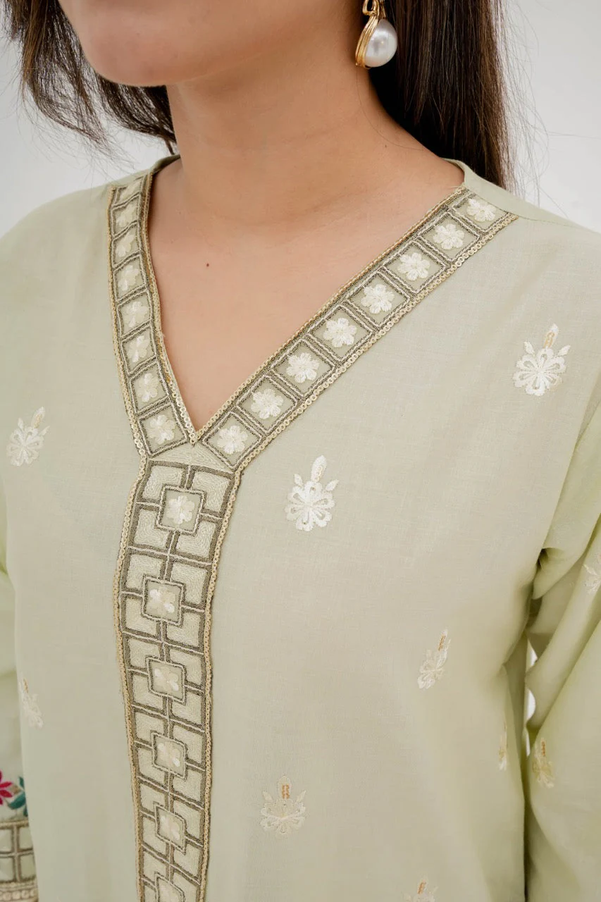 Hania Pistachio Embroidered Cotton Suit with Organza Dupatta - Image 4