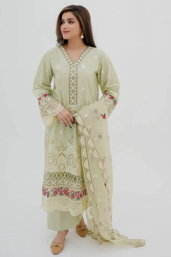 Hania Pistachio Embroidered Cotton Suit with Organza Dupatta - Image 2