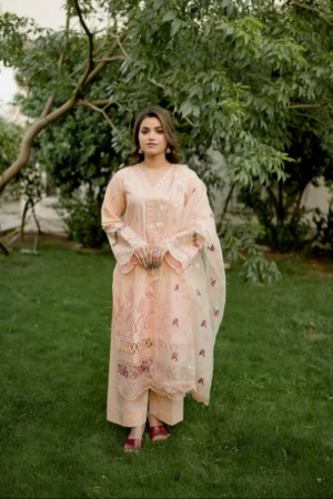 Florin 3-Piece Peach Cotton with Embroidered Organza Dupatta